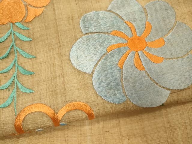 平和屋着物＊夏物 九寸名古屋帯 総刺繍 草花文 麻 逸品 CAAW8986oy