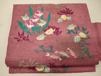 平和屋着物＊夏物　アンティーク　大正ロマン　九寸名古屋帯　刺繍　魚　海老　銀糸　正絹　逸品　CAAW8987oy