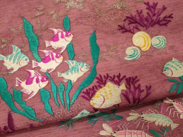 平和屋着物＊夏物　アンティーク　大正ロマン　九寸名古屋帯　刺繍　魚　海老　銀糸　正絹　逸品　CAAW8987oy