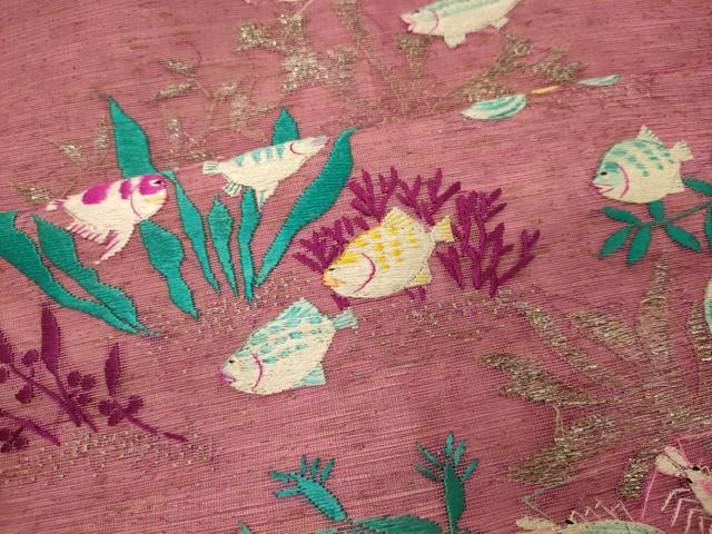 平和屋着物＊夏物　アンティーク　大正ロマン　九寸名古屋帯　刺繍　魚　海老　銀糸　正絹　逸品　CAAW8987oy