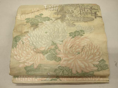平和屋着物＊夏物 アンティーク 大正ロマン 丸帯 塩瀬 風景花文 銀糸 正絹 逸品 CAAW8994oy