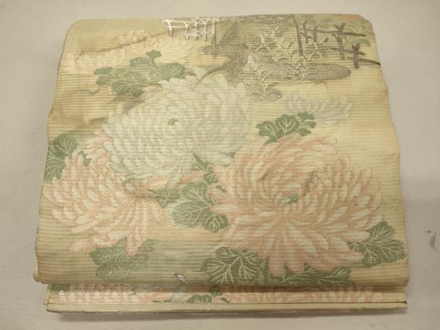 平和屋着物＊夏物 アンティーク 大正ロマン 丸帯 塩瀬 風景花文 銀糸 正絹 逸品 CAAW8994oy