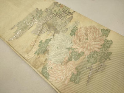 平和屋着物＊夏物 アンティーク 大正ロマン 丸帯 塩瀬 風景花文 銀糸 正絹 逸品 CAAW8994oy
