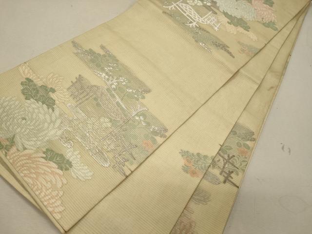 平和屋着物＊夏物 アンティーク 大正ロマン 丸帯 塩瀬 風景花文 銀糸 正絹 逸品 CAAW8994oy