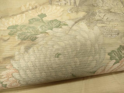 平和屋着物＊夏物 アンティーク 大正ロマン 丸帯 塩瀬 風景花文 銀糸 正絹 逸品 CAAW8994oy