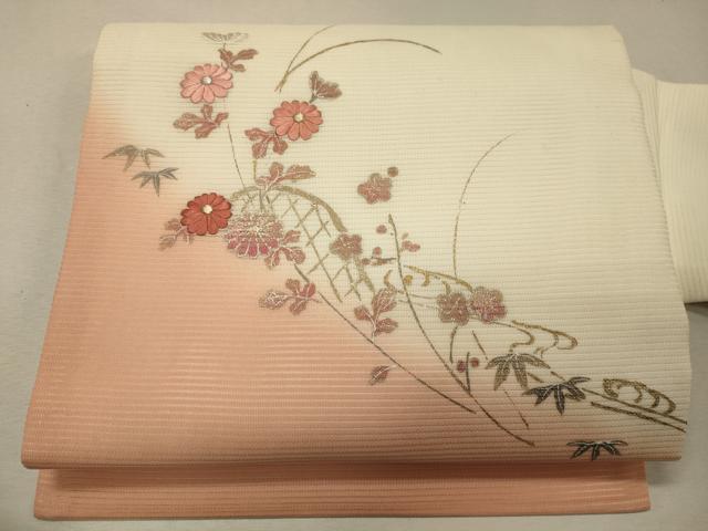 平和屋着物＊夏物 九寸名古屋帯 刺繍 草花文 金銀彩 正絹 逸品 CAAW8998oy