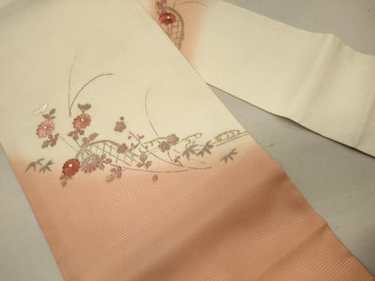 平和屋着物＊夏物 九寸名古屋帯 刺繍 草花文 金銀彩 正絹 逸品 CAAW8998oy