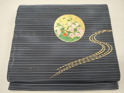 平和屋着物＊夏物　八寸名古屋帯　刺繍　絽綴れ　流水草花丸文　金彩　正絹　逸品　CAAW9008oy