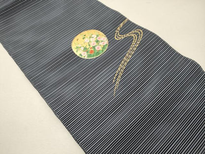 平和屋着物＊夏物　八寸名古屋帯　刺繍　絽綴れ　流水草花丸文　金彩　正絹　逸品　CAAW9008oy