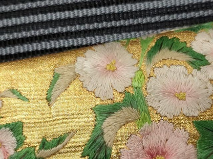 平和屋着物＊夏物　八寸名古屋帯　刺繍　絽綴れ　流水草花丸文　金彩　正絹　逸品　CAAW9008oy