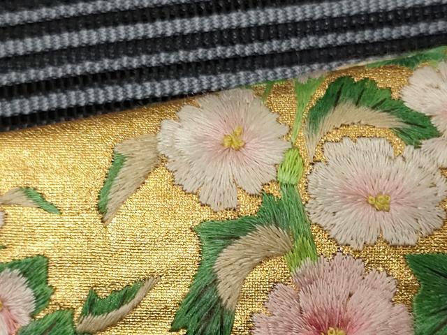 平和屋着物＊夏物　八寸名古屋帯　刺繍　絽綴れ　流水草花丸文　金彩　正絹　逸品　CAAW9008oy