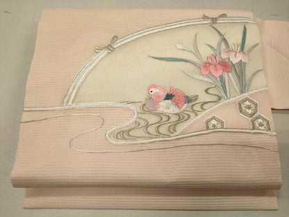 平和屋着物＊夏物　九寸名古屋帯　駒刺繍　鴛鴦草花文　金銀糸　正絹　逸品　CAAW9022oy
