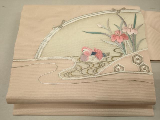 平和屋着物＊夏物　九寸名古屋帯　駒刺繍　鴛鴦草花文　金銀糸　正絹　逸品　CAAW9022oy