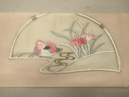 平和屋着物＊夏物　九寸名古屋帯　駒刺繍　鴛鴦草花文　金銀糸　正絹　逸品　CAAW9022oy