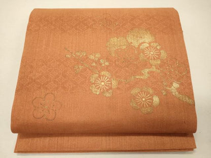 平和屋着物●九寸開き名古屋帯 紬地 雪輪枝梅文 金彩 正絹 逸品 CAAW9026oy