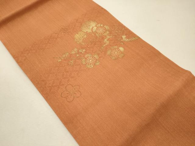 平和屋着物●九寸開き名古屋帯 紬地 雪輪枝梅文 金彩 正絹 逸品 CAAW9026oy
