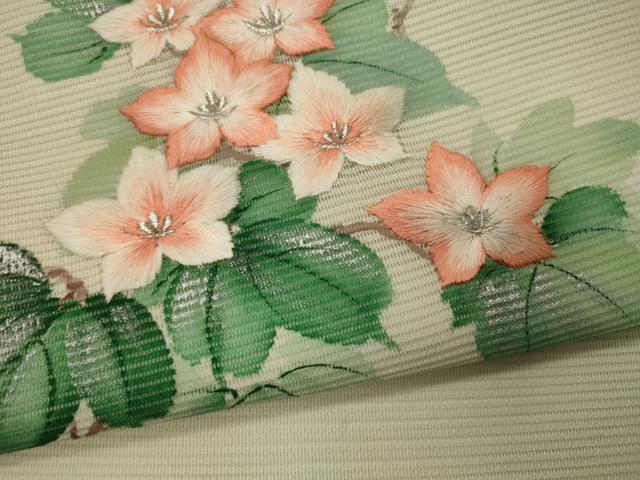 平和屋着物＊夏物 九寸名古屋帯 作家物 刺繍 草花文 銀彩 正絹 逸品 CAAW9032oy