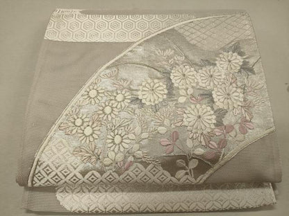 平和屋着物＊夏物 六通柄袋帯 駒刺繍 吉祥地紙花文 銀糸 正絹 逸品 CAAW9043oy