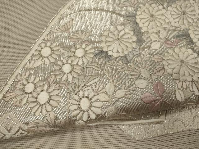 平和屋着物＊夏物 六通柄袋帯 駒刺繍 吉祥地紙花文 銀糸 正絹 逸品 CAAW9043oy