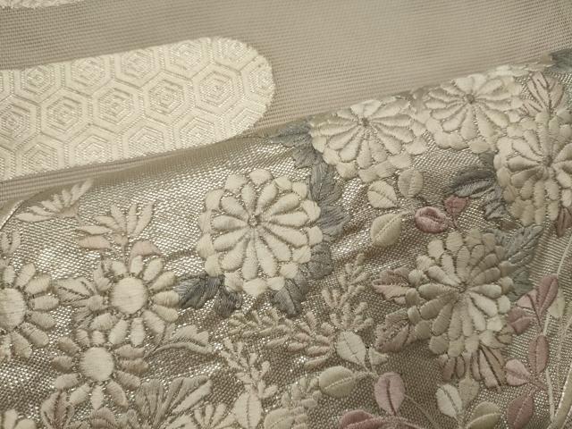 平和屋着物＊夏物 六通柄袋帯 駒刺繍 吉祥地紙花文 銀糸 正絹 逸品 CAAW9043oy