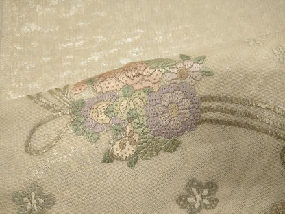 平和屋着物＊夏物　太鼓柄袋帯　総刺繍　草花文　金糸　正絹　逸品　未使用　CAAW9055oy