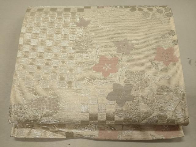 平和屋着物＊夏物 六通柄袋帯 市松草花文 銀糸 正絹 逸品 未使用 CAAW9062oy
