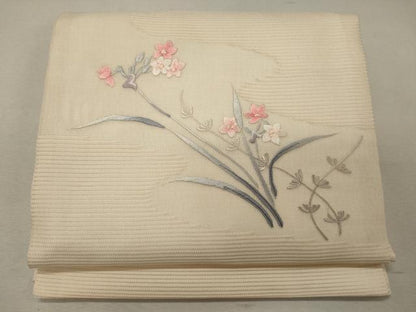 平和屋着物＊夏物 九寸開き名古屋帯 刺繍 草花文 正絹 逸品 CAAW9110oy