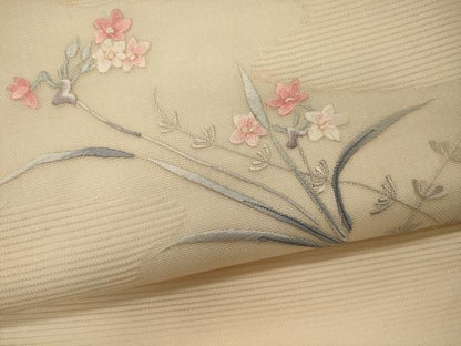 平和屋着物＊夏物 九寸開き名古屋帯 刺繍 草花文 正絹 逸品 CAAW9110oy