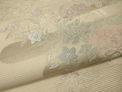 平和屋着物＊夏物　六通柄袋帯　唐織　草花文　銀糸　正絹　逸品　CAAW9114oy
