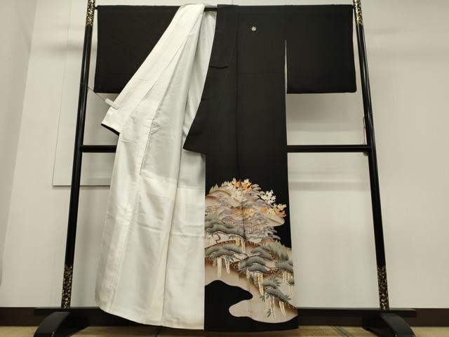 平和屋着物■豪華黒留袖　駒刺繍　風景花松文　暈し染め　金彩　正絹　逸品　CAAW9184oy