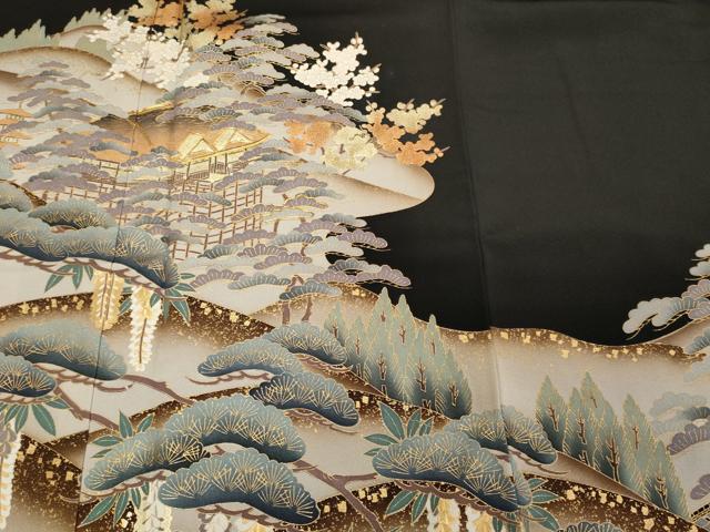 平和屋着物■豪華黒留袖　駒刺繍　風景花松文　暈し染め　金彩　正絹　逸品　CAAW9184oy
