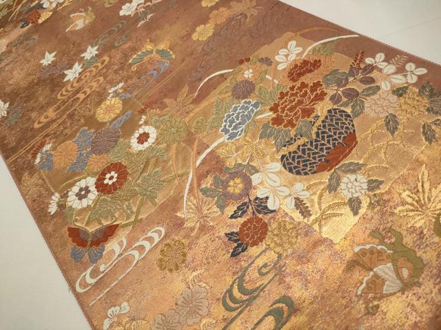 平和屋着物◎六通柄袋帯　唐織　舞蝶飾花文　金糸　正絹　逸品　CAAW9234qe