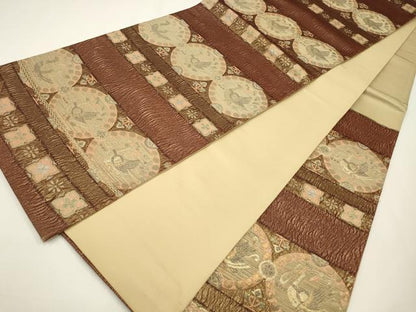 平和屋着物◎六通柄袋帯　横段花鳥丸文　金糸　正絹　逸品　CAAW9237qe