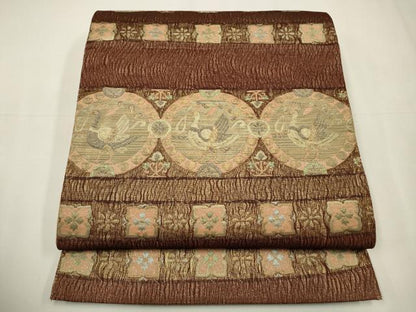 平和屋着物◎六通柄袋帯　横段花鳥丸文　金糸　正絹　逸品　CAAW9237qe