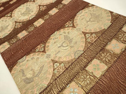 平和屋着物◎六通柄袋帯　横段花鳥丸文　金糸　正絹　逸品　CAAW9237qe