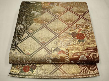 平和屋着物◎両面　六通柄袋帯　唐織　色紙花文　金糸　正絹　逸品　CAAW9252qe