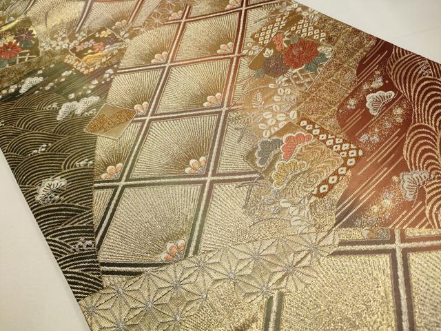 平和屋着物◎両面　六通柄袋帯　唐織　色紙花文　金糸　正絹　逸品　CAAW9252qe