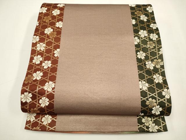 平和屋着物◎両面　六通柄袋帯　唐織　色紙花文　金糸　正絹　逸品　CAAW9252qe