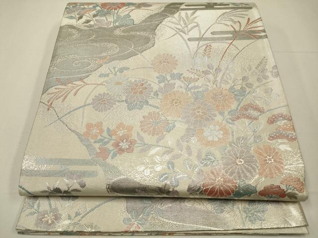 平和屋着物◎佐賀錦　六通柄袋帯　エ霞花文　銀糸　正絹　逸品　CAAW9268qe