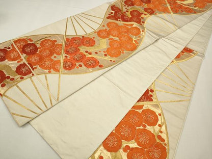 平和屋着物◎六通柄袋帯　唐織　扇面枝梅文　金糸　正絹　逸品　CAAW9324qe