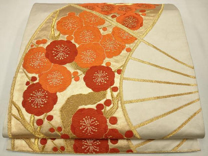 平和屋着物◎六通柄袋帯　唐織　扇面枝梅文　金糸　正絹　逸品　CAAW9324qe