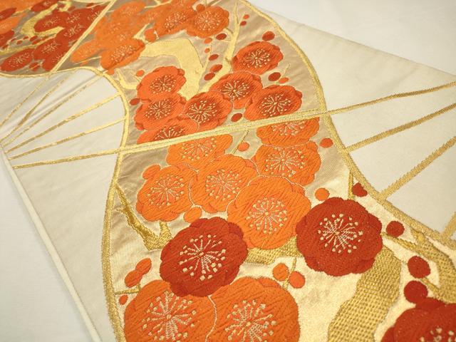 平和屋着物◎六通柄袋帯　唐織　扇面枝梅文　金糸　正絹　逸品　CAAW9324qe