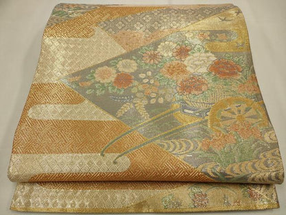 平和屋着物◎佐賀錦　六通柄袋帯　切嵌鴛鴦花文　金糸　正絹　逸品　CAAW9334qe