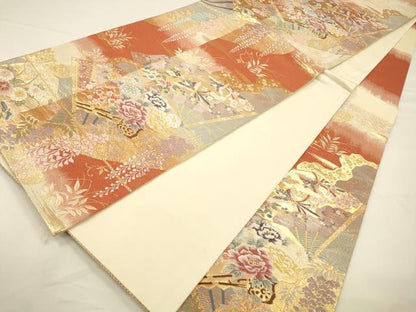 平和屋着物◎六通柄袋帯　唐織　扇面加賀文様　金糸　正絹　逸品　CAAW9357qe