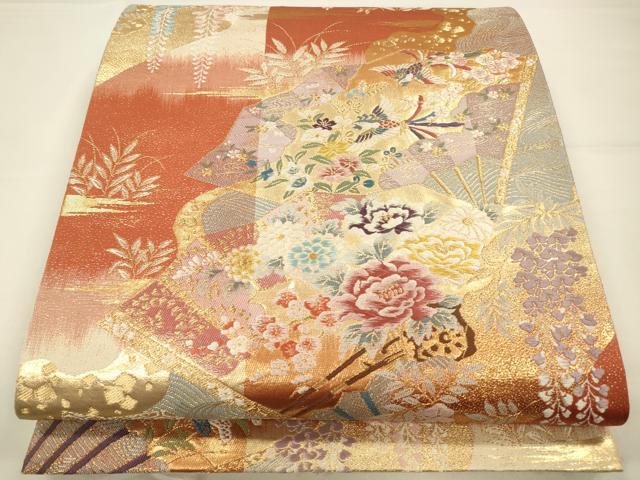 平和屋着物◎六通柄袋帯　唐織　扇面加賀文様　金糸　正絹　逸品　CAAW9357qe