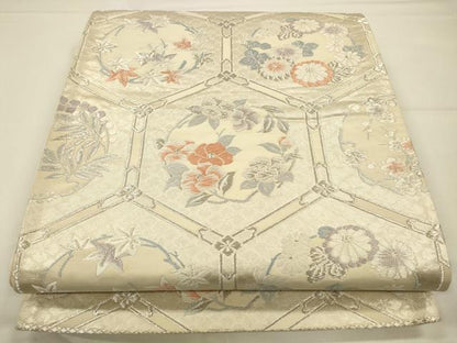 平和屋着物◎六通柄袋帯　唐織　亀甲花丸文　銀糸　正絹　逸品　CAAW9361qe
