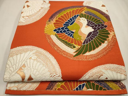 平和屋着物◎六通柄袋帯　唐織　双鳥丸文　金糸　正絹　逸品　CAAW9384qe