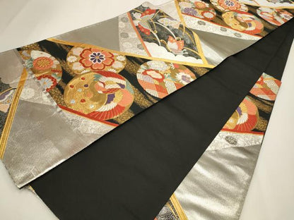 平和屋着物◎六通柄袋帯　唐織　鳳凰花丸文　黒地　金銀糸　正絹　逸品　CAAW9390qe