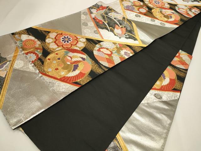 平和屋着物◎六通柄袋帯　唐織　鳳凰花丸文　黒地　金銀糸　正絹　逸品　CAAW9390qe