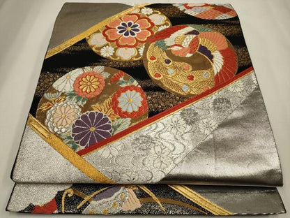平和屋着物◎六通柄袋帯　唐織　鳳凰花丸文　黒地　金銀糸　正絹　逸品　CAAW9390qe